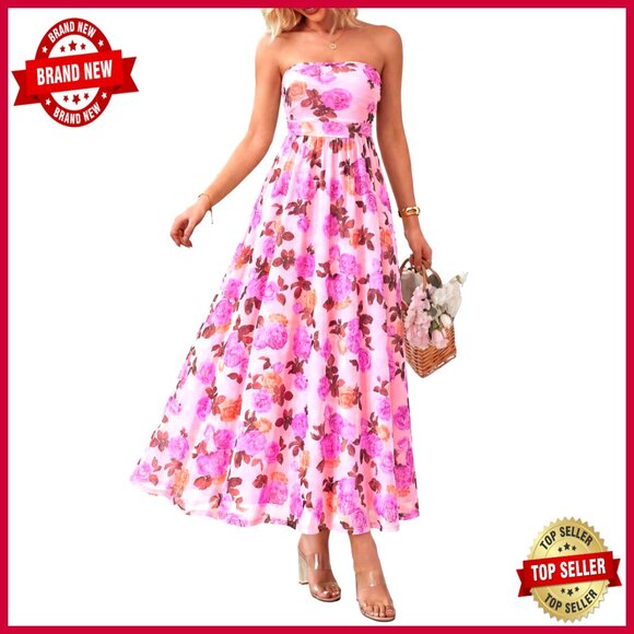 Dresses & Skirts - Strapless Maxi Dress Floral Tube Top Ruched Beach Wedding Guest Long